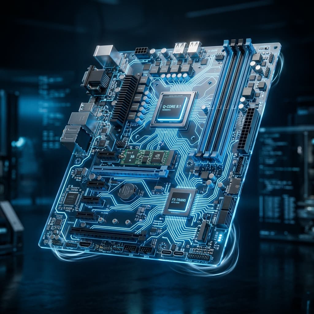 3D transparent futuristic motherboard graphic accent