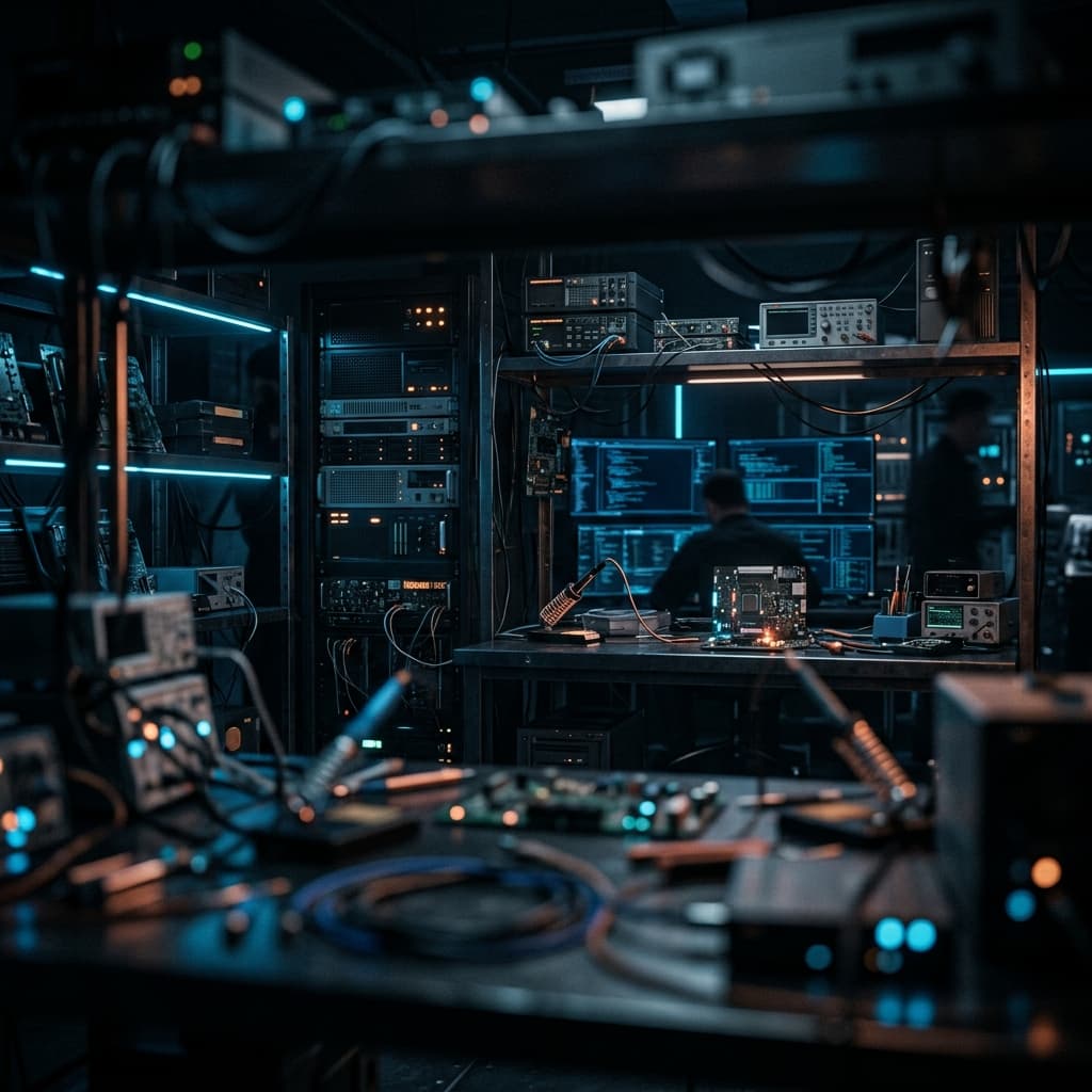 Dark electronic service workshop background